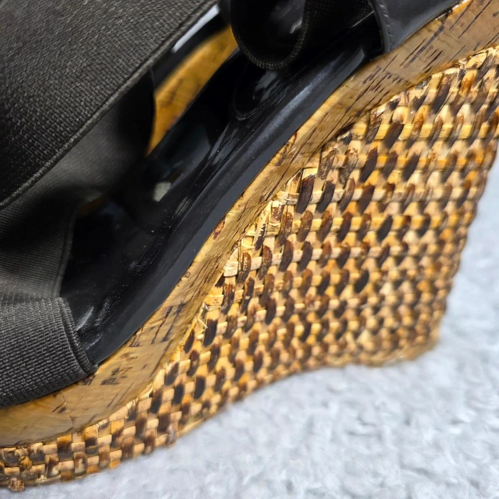 BCBG Wedge Platform Sandals Black Stretch Strappy Woven Straw Women‎ Size 10 Y2K